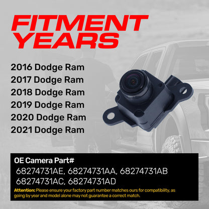 Dodge Ram (2016-2021) OEM Replacement Backup Camera OE Part  # 68274731AA, 68274731AB, 68274731AC, 68274731AD, 68274731AE