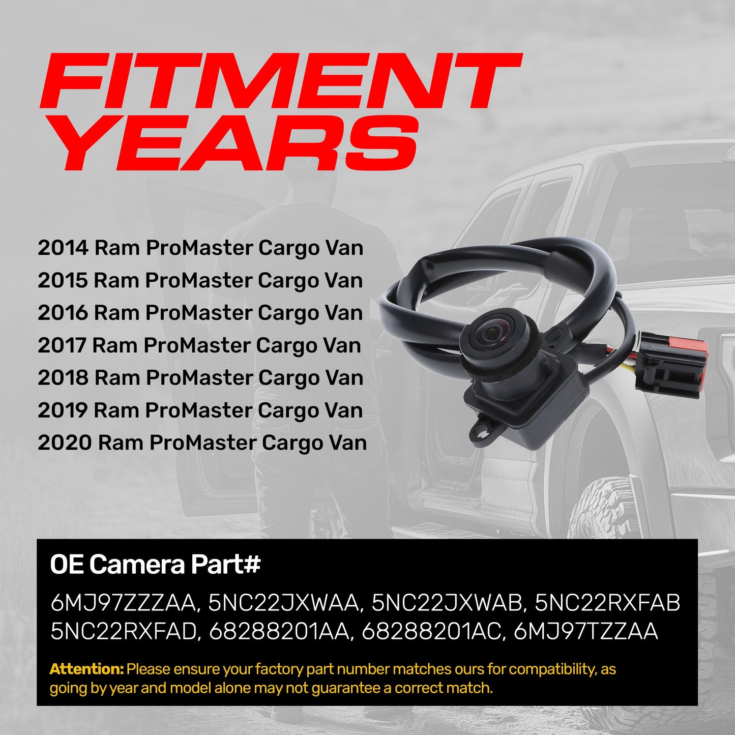 Ram ProMaster Cargo Van (2014-2020) OEM Replacement Backup Camera OE Part # 5NC22JXWAA, 5NC22JXWAB, 5NC22RXFAB, 5NC22RXFAD, 68288201AA, 68288201AC, 6MJ97TZZAA, 6MJ97ZZZAA
