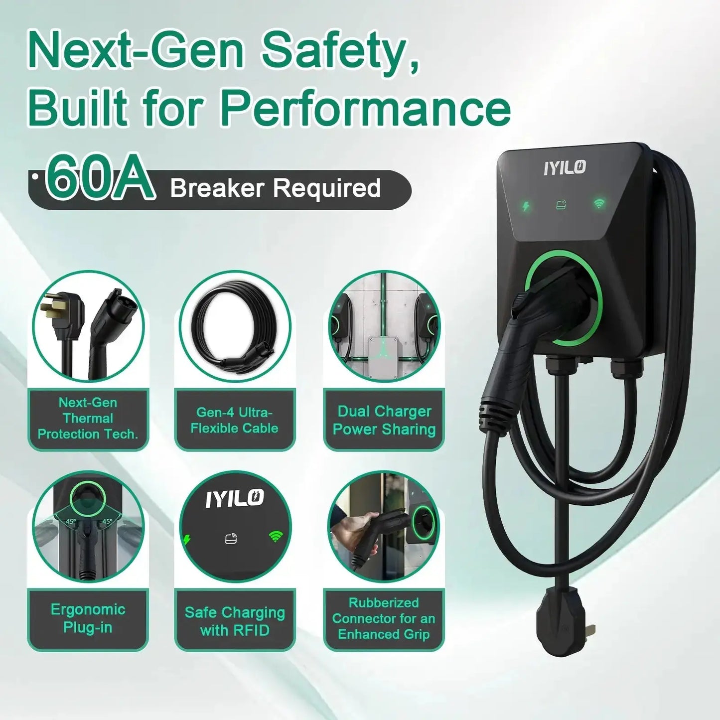 IYILO Level 2 EV Charger NEMA 14-50 J1772 Wall-mounted Plug In - 48A