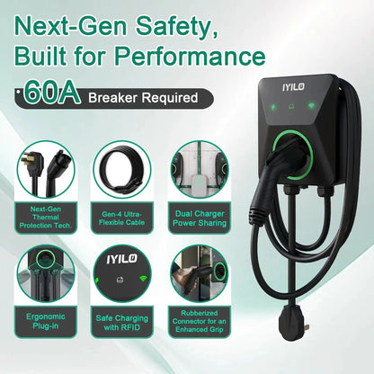 IYILO Level 2 EV Charger NEMA 14-50 J1772 Wall-mounted Plug In - 48A