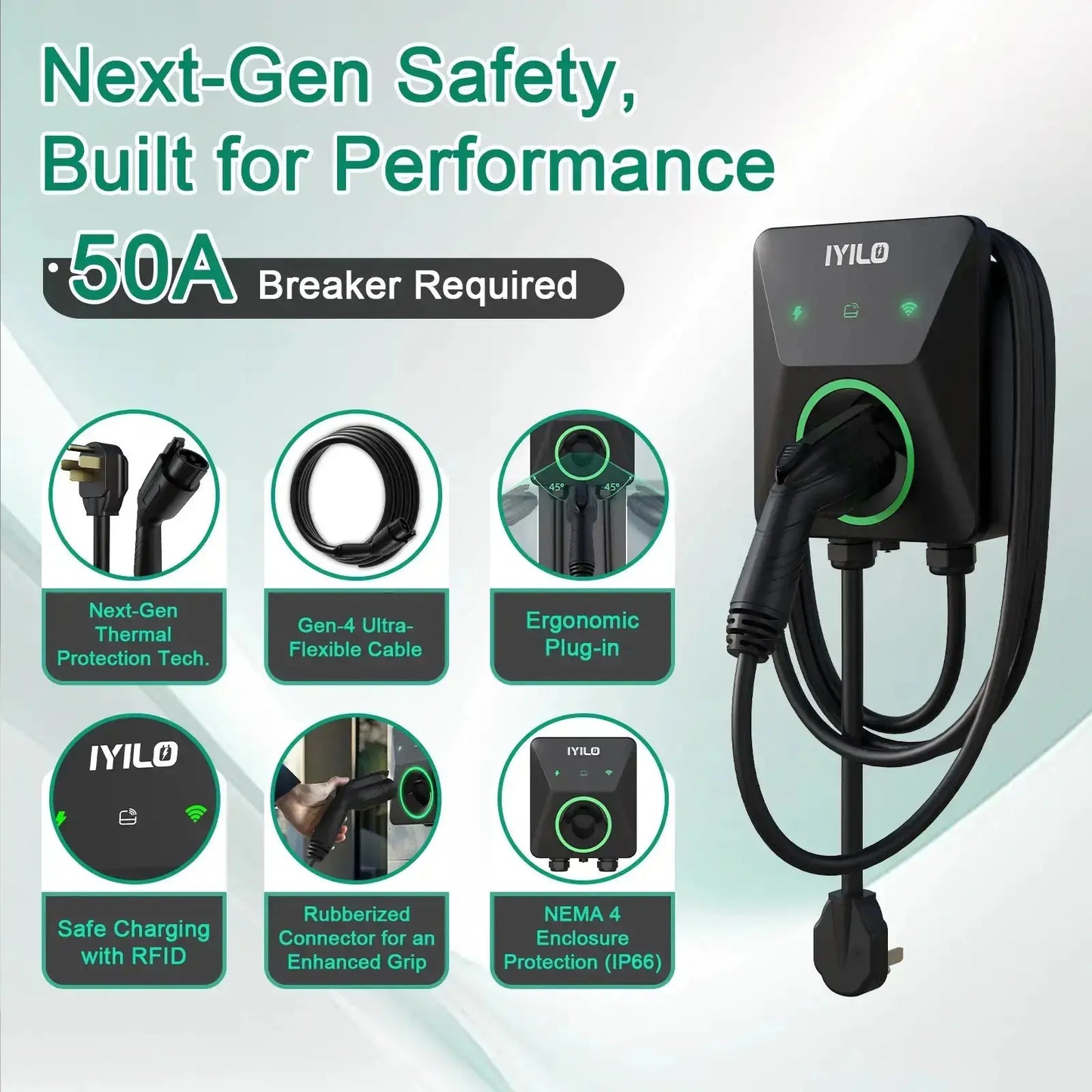 IYILO Level 2 EV Charger NEMA 14-50 J1772 Wall-mounted Plug In - 40A