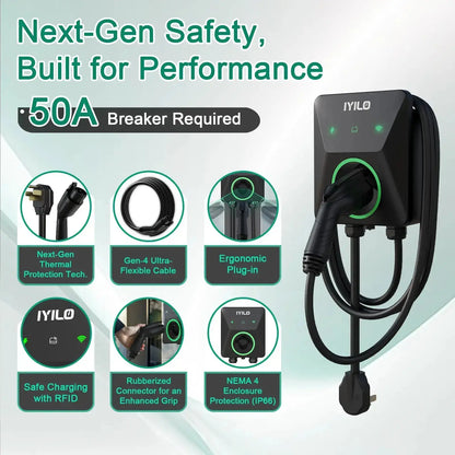 IYILO Level 2 EV Charger NEMA 14-50 J1772 Wall-mounted Plug In - 40A