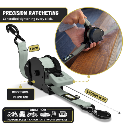 Retractable Ratchet Straps - 1" x 15 ft (1,760 lbs Break Strength) | Auto Self Retracting Cargo Tie Down Strap Set