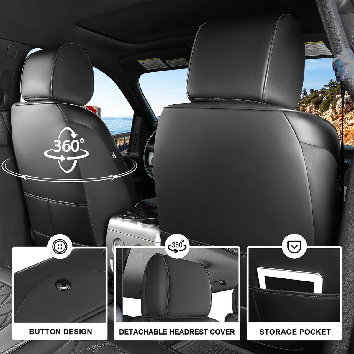 Umbrauto Seat Covers for Silverado/Sierra| Waterproof Leather Pickup Truck Custom Seat Covers Full Set for Chevy Silverado GMC Sierra ,Black