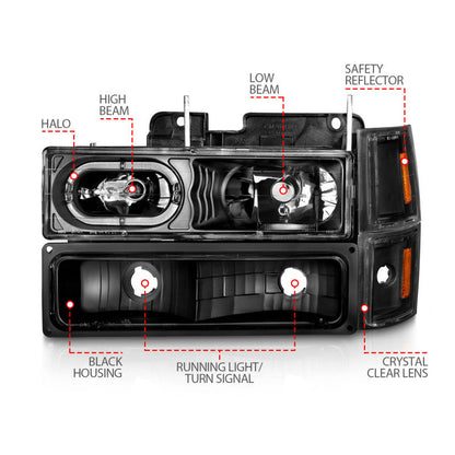 ANZO 88-98 Chevrolet C1500 Crystal Headlights Black Housing w/ Signal and Side Marker Lights 111507