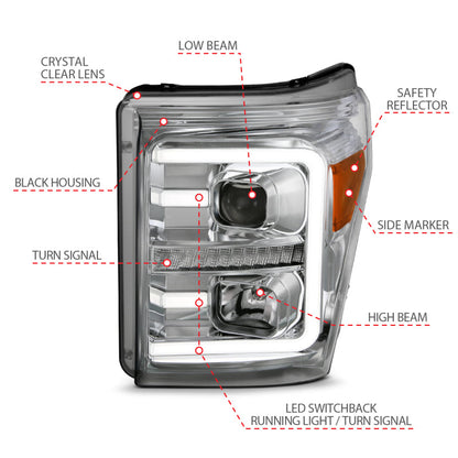 ANZO 11-16 Ford F-250/F-350/F-450 Projector Headlights w/ Plank Style Switchback Chrome w/Amber 111407