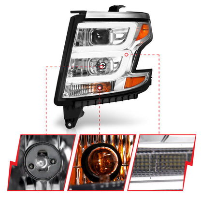ANZO 2015-2020 Chevy Tahoe Projector Headlights Plank Style Chrome w/DRL 111493