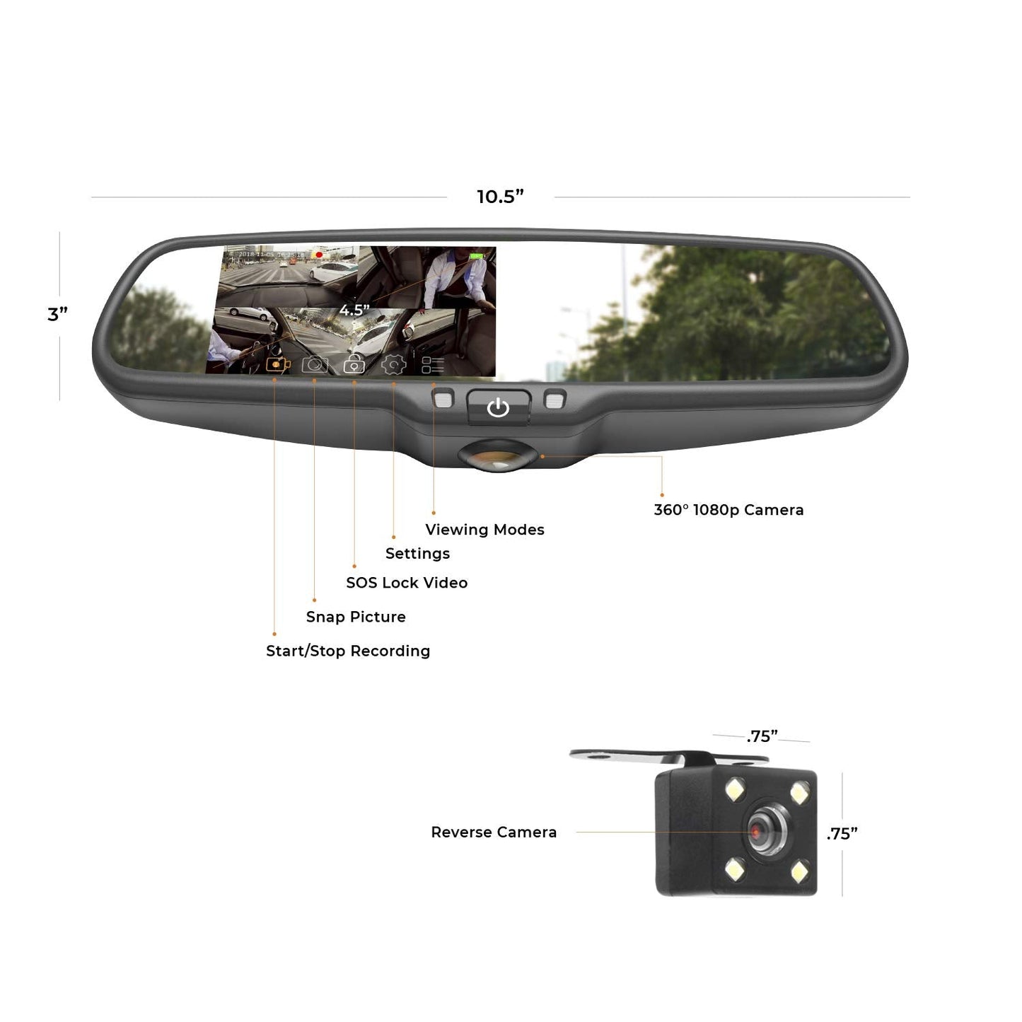 Master Tailgaters Rear View Mirror with Ultra Bright 4.5" Auto Adjusting Brightness LCD + HD 1080p DVR 360° Recorder - Universal Fit
