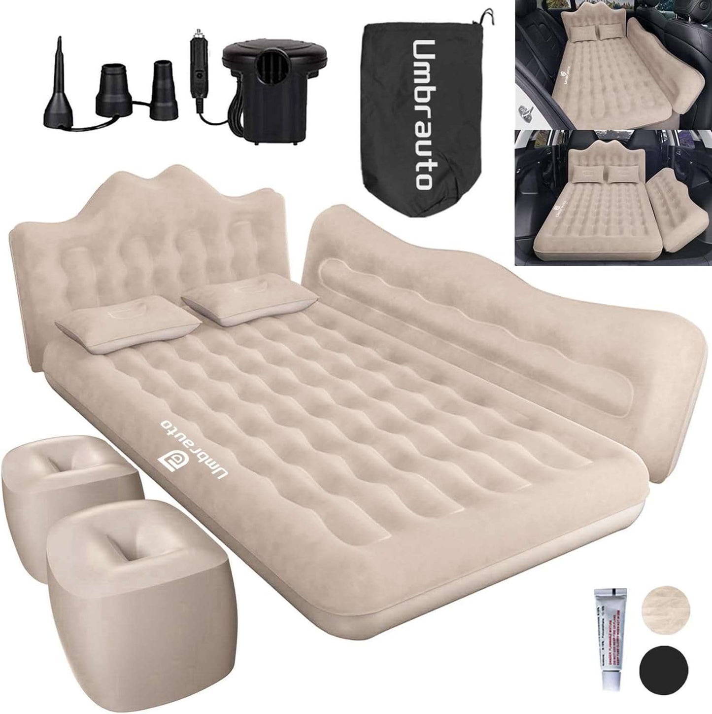 Umbrauto 29.53in/75cm Wide Car Air Mattress Inflatable SUV, Truck & Van Back Seat Camping Bed with Pump & Pillows, Beige