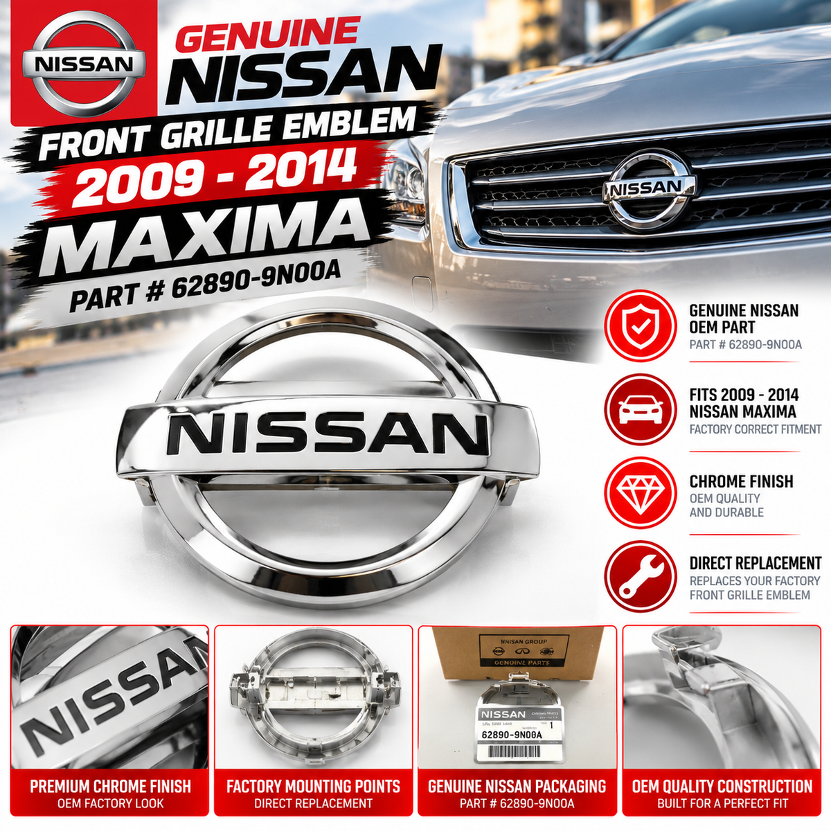 NEW GENUINE NISSAN 09-14 MAXIMA CHROME FRONT GRILLE EMBLEM 62890-9N00A