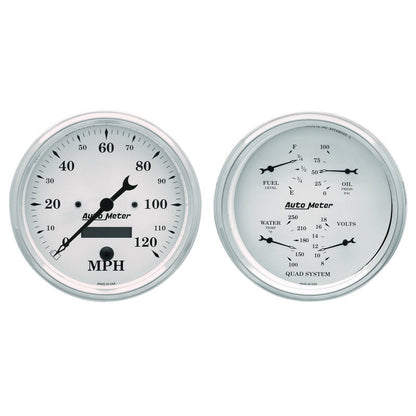 AutoMeter Gauge Kit 2 Pc. Quad & Speedometer 5in. Old Tyme White 1603