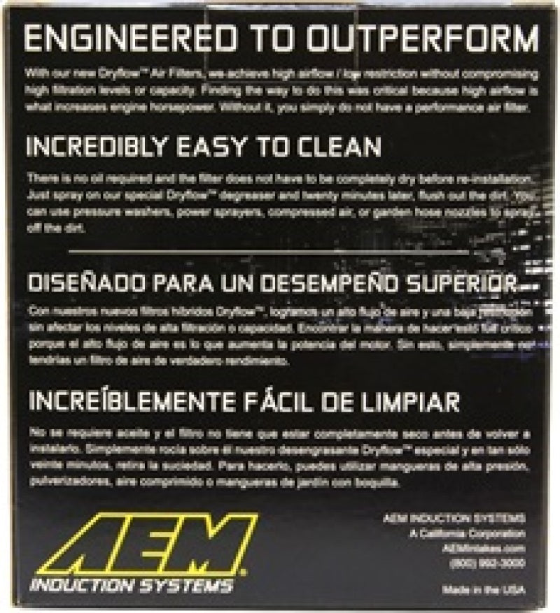 AEM Induction AEM DryFlow Air Filter AIR FILTER ASSY 3in X 5in DRYFLOW 21-203D