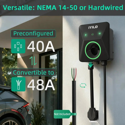 IYILO Level 2 EV Charger NEMA 14-50 J1772 Wall-mounted Plug In - 48A