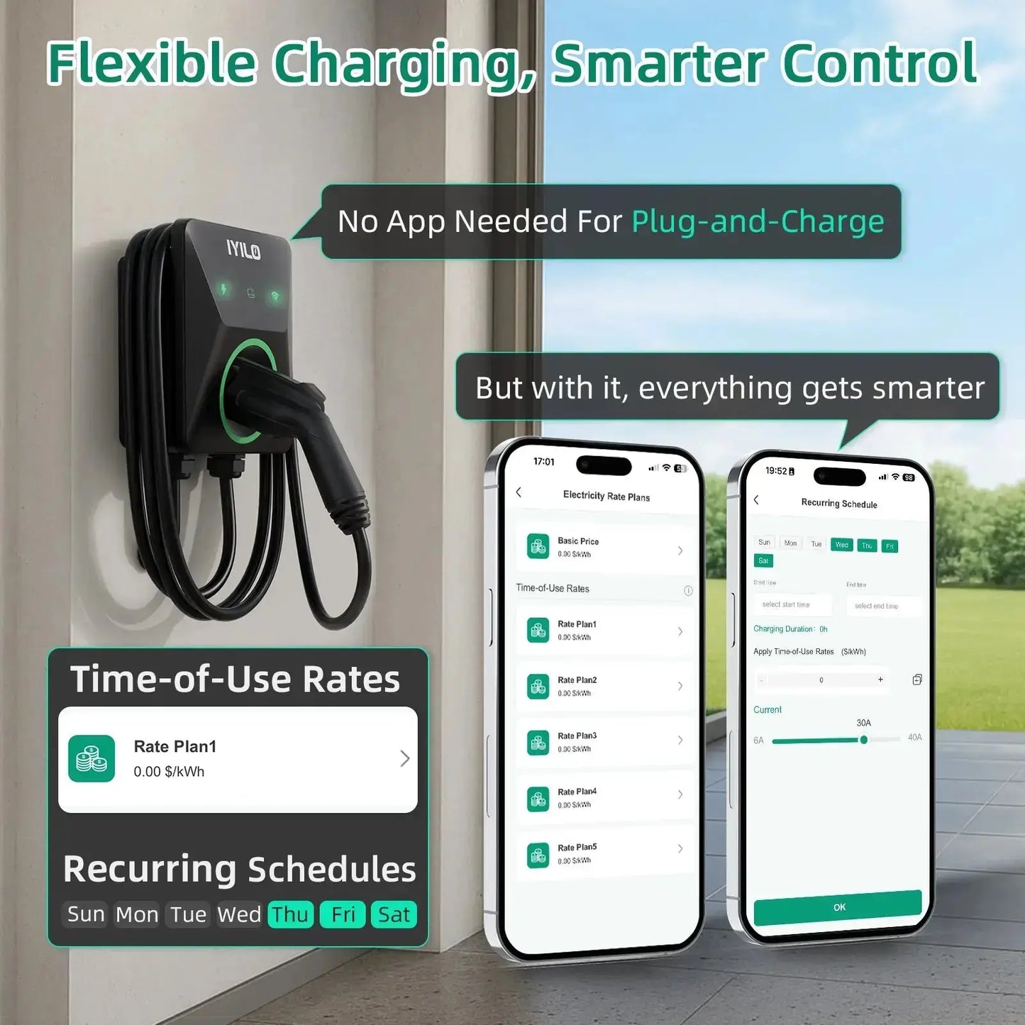 IYILO Level 2 EV Charger NEMA 14-50 J1772 Wall-mounted Plug In - 40A