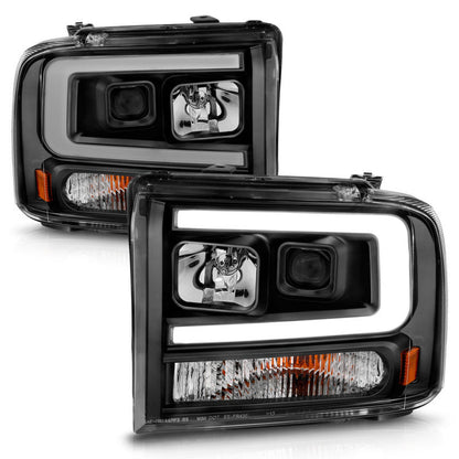 ANZO 99-04 Ford F250/F350/F450/Excursion (excl 99) Projector Headlights - w/ Light Bar Black Housing 111551