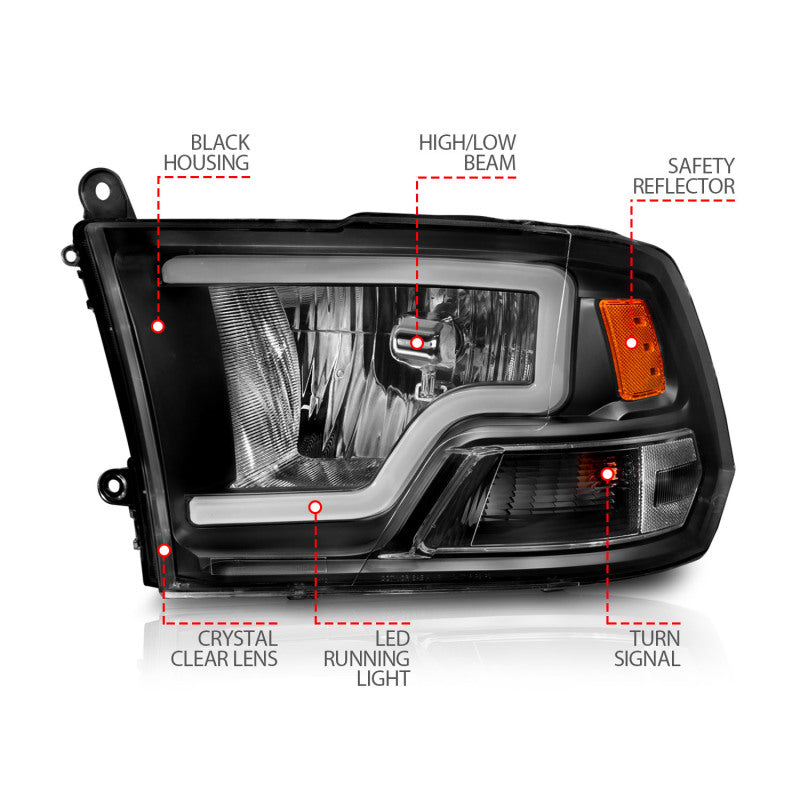 ANZO 2009-2018 Dodge Ram 1500 Crystal Headlights w/ Light Bar Black Housing 111515
