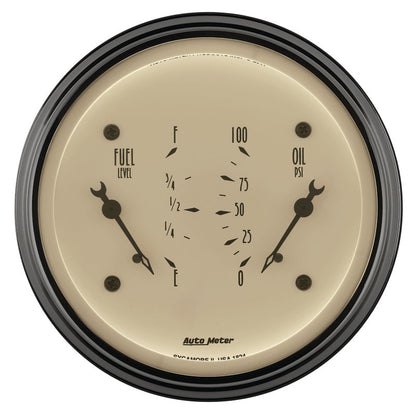 AutoMeter Gauge Dual Fuel & Oilp 3-3/8in. 0 Ohm(e) to 90 Ohm(f)& 100PSI Elec Antq Beige 1824