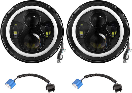 Moclever Round Halo LED Headlight 2pcs 7 Inch Headlights 6000 Lumens Offroad Light Angle Eyes Compatible With Jep Wrangler Tj Jk Cj H4 To H13 Adapter Plug And Play