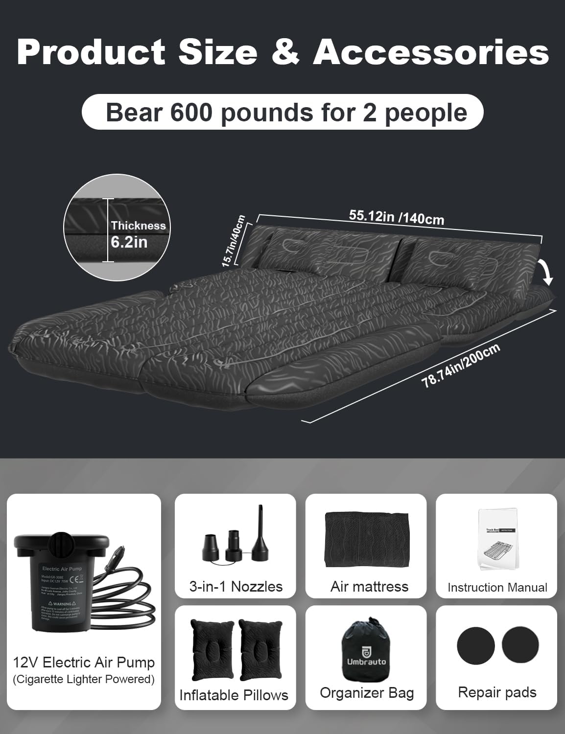 Umbrauto 63in Extended SUV Mattress Quick Inflate, Includes Pump & 2 Pillows£¬Teal