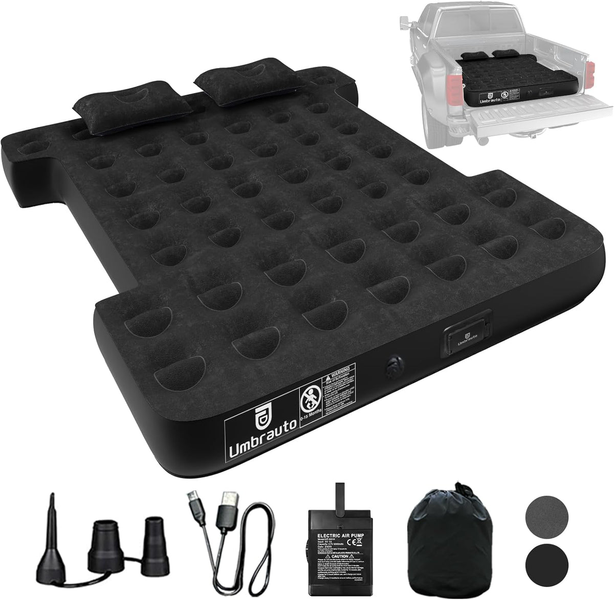 Umbrauto 5.5-5.8FT Full Size Truck Bed Mattress with Detachable Pump,Black/Grey