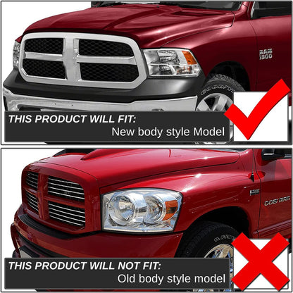 2009-2018 Dodge Ram Headlight Assembly Compatible with Ram 1500 / Ram 2500 3500 / 2010-2018 / Ram 2500 3500 / 2019-2021 Ram 1500 Classic, Chrome Housing Amber Reflector Replacement