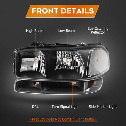 Lbrst Headlights Assembly For 19992006 Gmc Sierra 1500 20072007 Classic Black Housing Reflector Clear Lens Driver Passenger Side