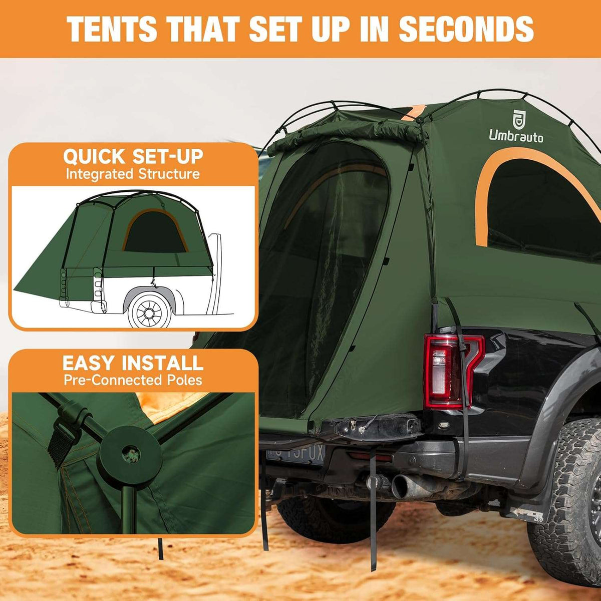 Umbrauto 5.5-5.8FT Truck Bed Tent for 2 Person | 10-Min Quick Setup Waterproof PU3000 Camping Tent for Pickup Trucks