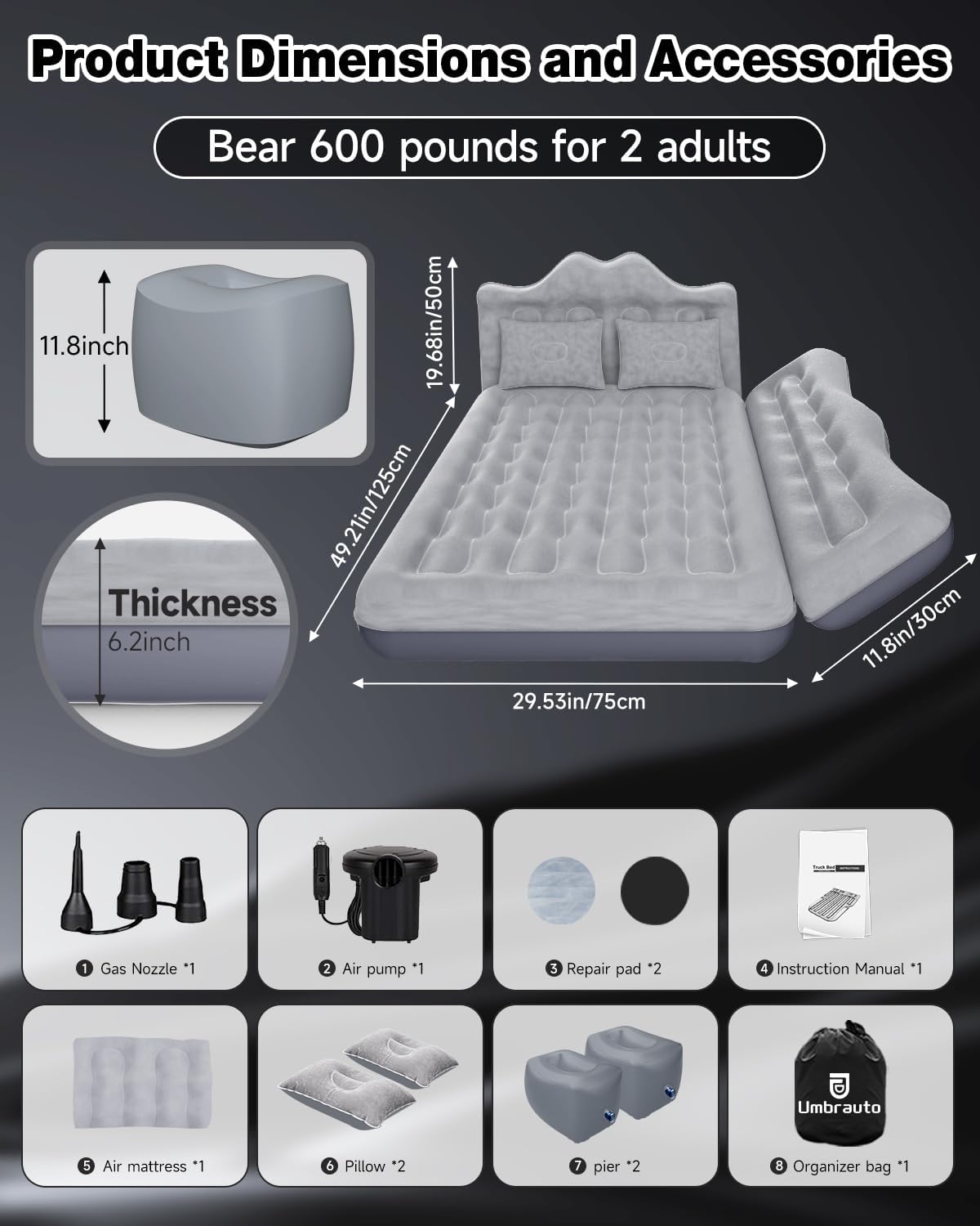 Umbrauto 29.53in/75cm Wide Car Air Mattress Inflatable SUV, Truck & Van Back Seat Camping Bed with Pump & Pillows, Gray