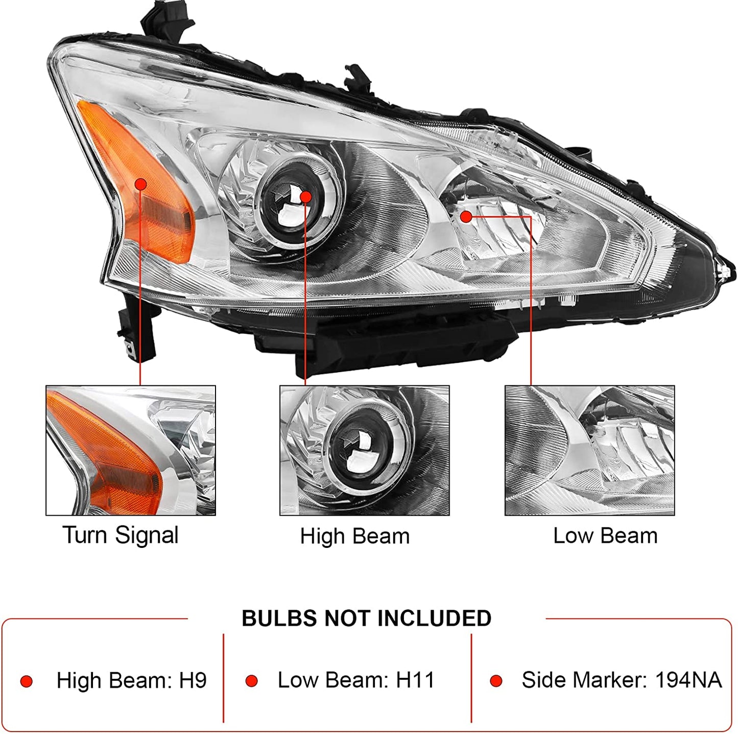 Alziria Headlight Assembly Compatible With 20132015 Nissan Altima Sslsv Only Fit 4door Chrome Housing Amber Reflector