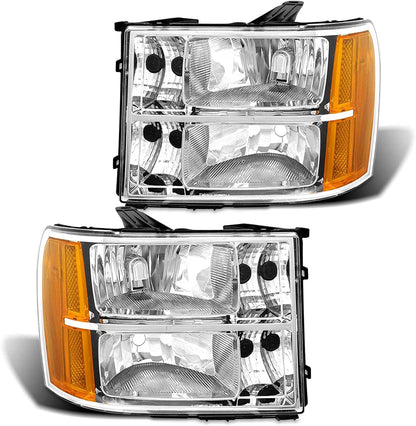 2007-2014 Sierra Headlight Assembly Compatible with 2007-2014 GMC Sierra 1500 / 07-14 GMC Sierra 2500HD 3500HD Chrome Housing with Amber Reflector Replacement Left and Right
