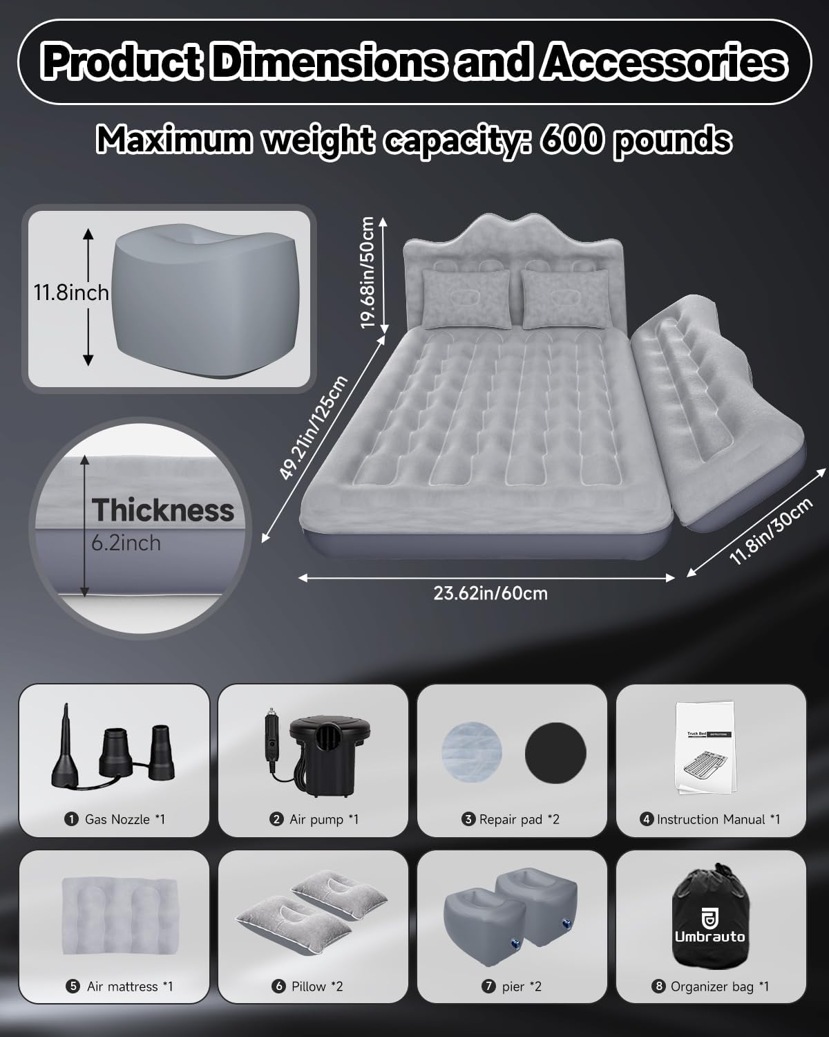 Umbrauto 23.62in/60cm Wide Inflatable Truck Mattress Car & SUV Back Seat Camping Bed with Pump