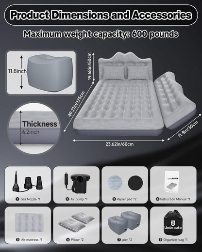 Umbrauto 23.62in/60cm Wide Inflatable Truck Mattress Car & SUV Back Seat Camping Bed with Pump
