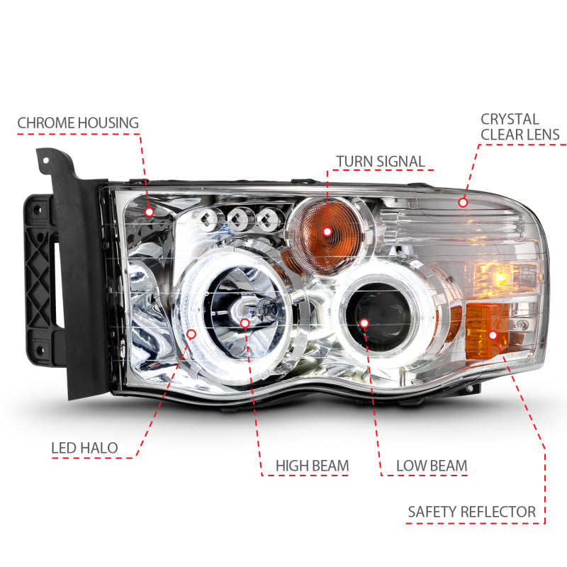 ANZO 2002-2005 Dodge Ram 1500 Projector Headlights w/ Halo Chrome Clear Amber 111491