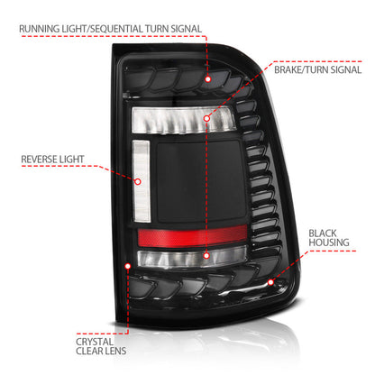 ANZO 19-24 RAM 1500 (Factory Halogen Models) Full LED Tail Lights SeqSig Black - Pair 311480A