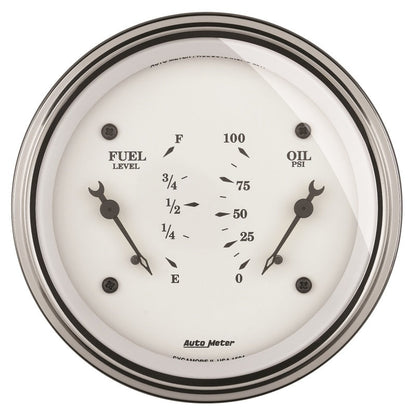 AutoMeter Gauge Dual Fuel & Oilp 3-3/8in. 240 Ohm(e) to 33 Ohm(f) & 100PSI Elec Old Tyme Wht 1613