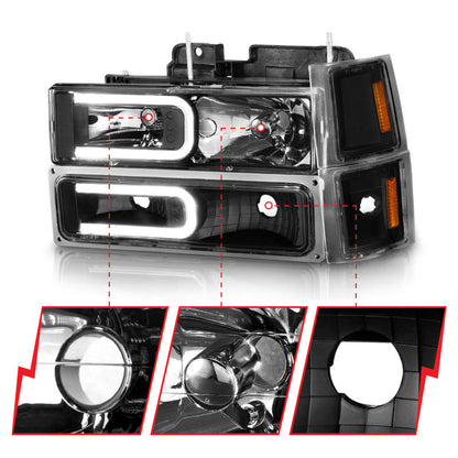 ANZO 88-98 Chevrolet C1500 Crystal Headlights w/ Light Bar Black Housing w/ Signal Side Markers 8Pcs 111528