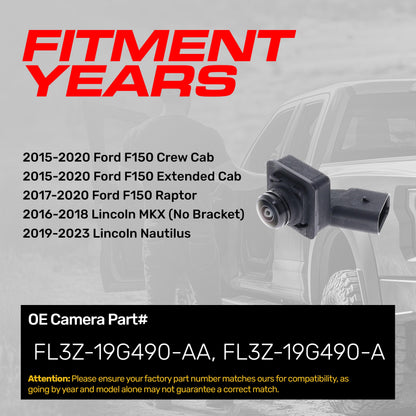 Ford F150 Crew Cab (15-20), F150 Extended Cab (15-20), F150 Raptor (17-20) / Lincoln MKX (16-18), Nautilus (19-23) RIGHT Side View OEM Replacement Backup Camera OE Part# FL3Z-19G490-AA, FL3Z-19G490-A
