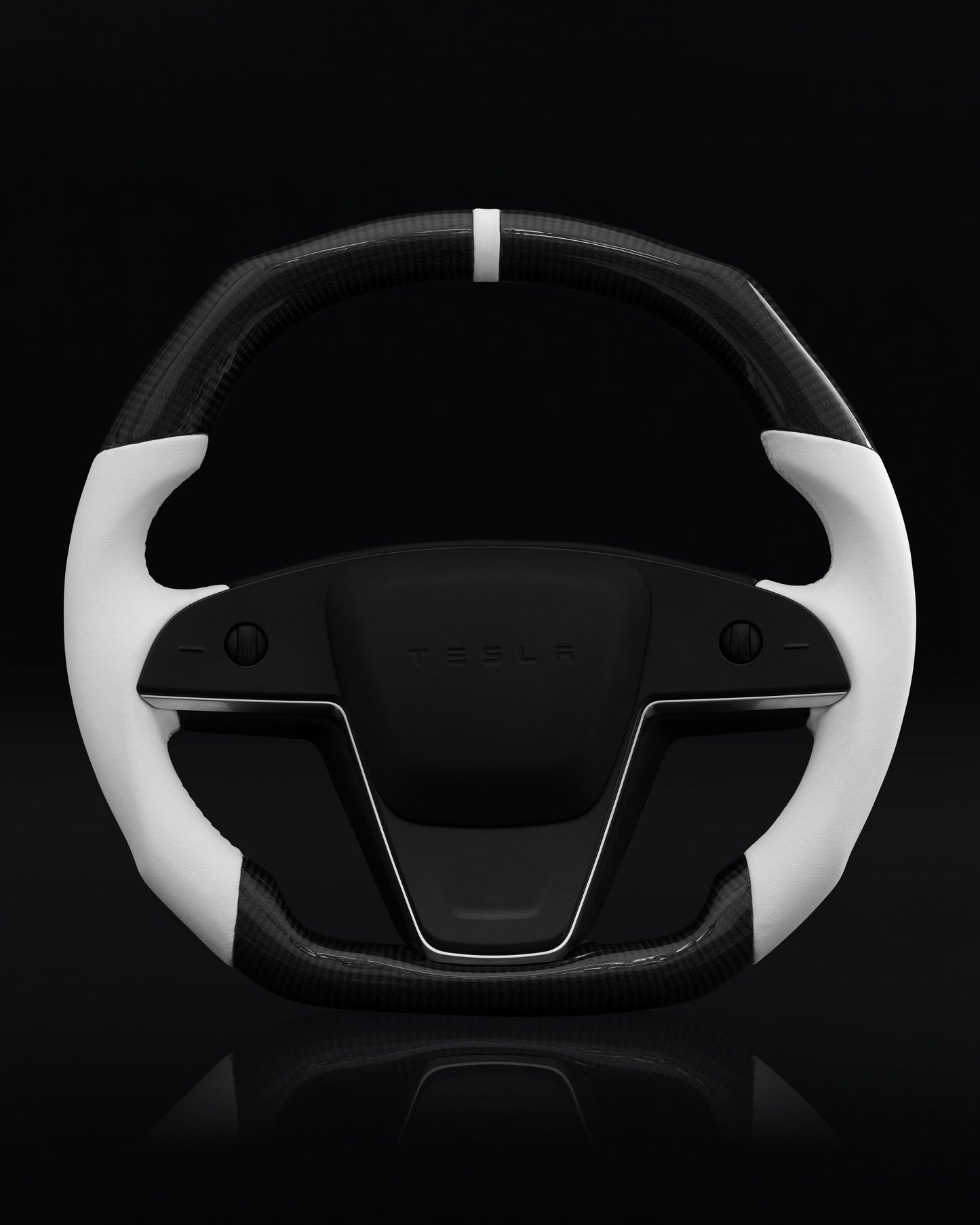 TESLA MODEL S / X / PLAID WHITE LEATHER FLAT BOTTOM STORMTROOPER GLOSS CARBON STEERING WHEEL