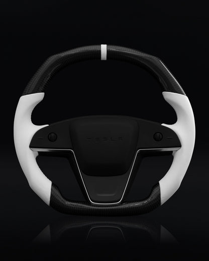 TESLA MODEL S / X / PLAID WHITE LEATHER FLAT BOTTOM STORMTROOPER GLOSS CARBON STEERING WHEEL