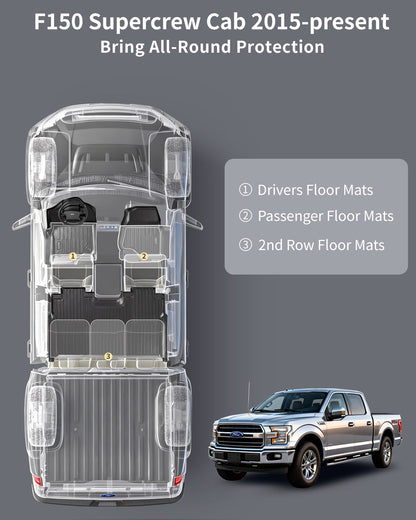 Umbrauto All Weather Floor Mats for Ford F150 SuperCrew 2015-2025 2026 & Lightning 2022-2026, Custom Fit TPE Truck Floor Liners, Waterproof Heavy Duty Full Coverage, Rear w/o Fold Flat Storage