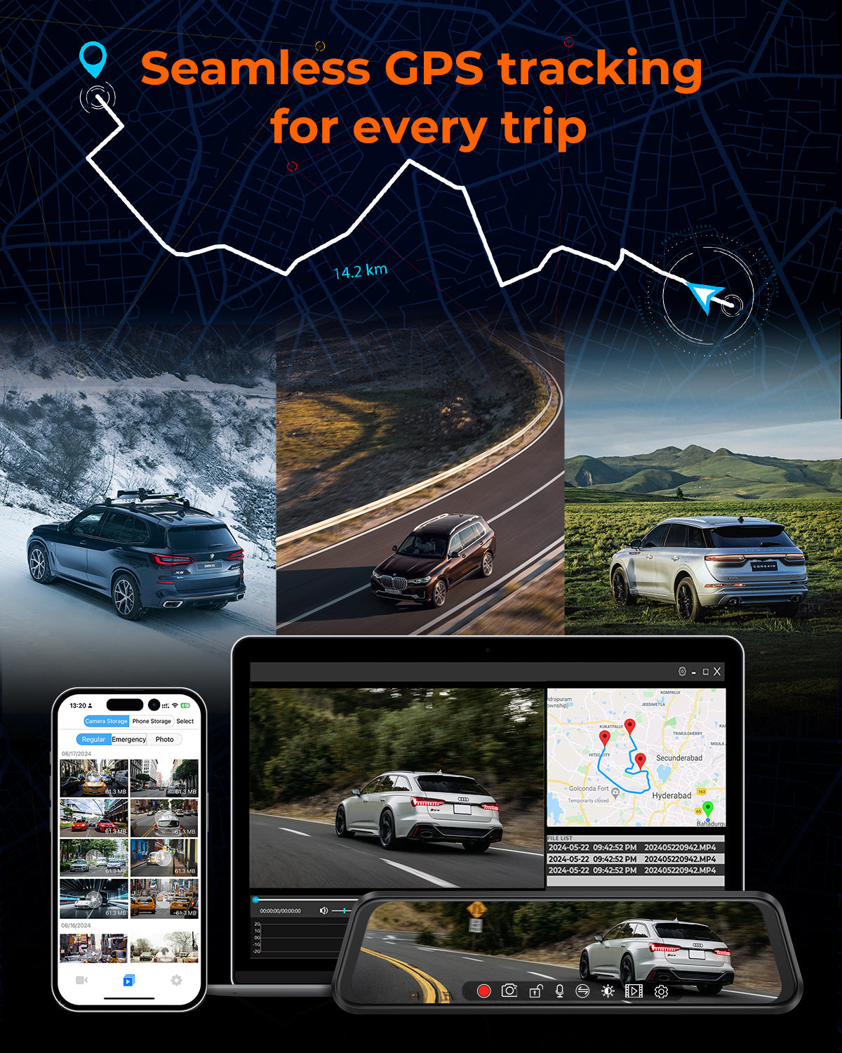 M4 Quad Mirror Dash Cam, 1080P 4-Cam, 12" IPS Touchscreen