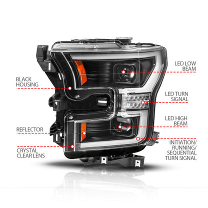 ANZO 15-17 Ford F-150 (Factory Halogen Model ONLY) Full LED Proj Headlights  Init/SeqSig Black- Pair 111630A