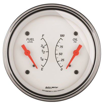 AutoMeter Gauge Dual Fuel & Oilp 3-3/8in. 0 Ohm(e) to 90 Ohm(f)& 100PSI Elec Arctic White 1324