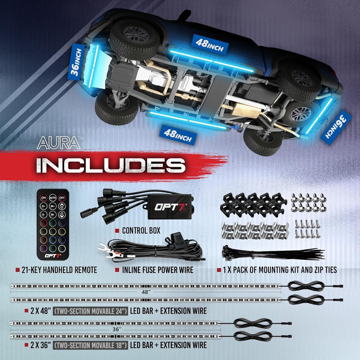 AURA Truck LED Aluminum Underglow Lighting Kit - Wireless Remote Control Full Color Spectrum