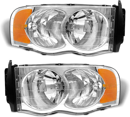2002-2005 Dodge Ram Headlight Assembly For 1500 2500 3500 20032005 Clear Chrome Lens With Amber Reflector Replacement Left Right