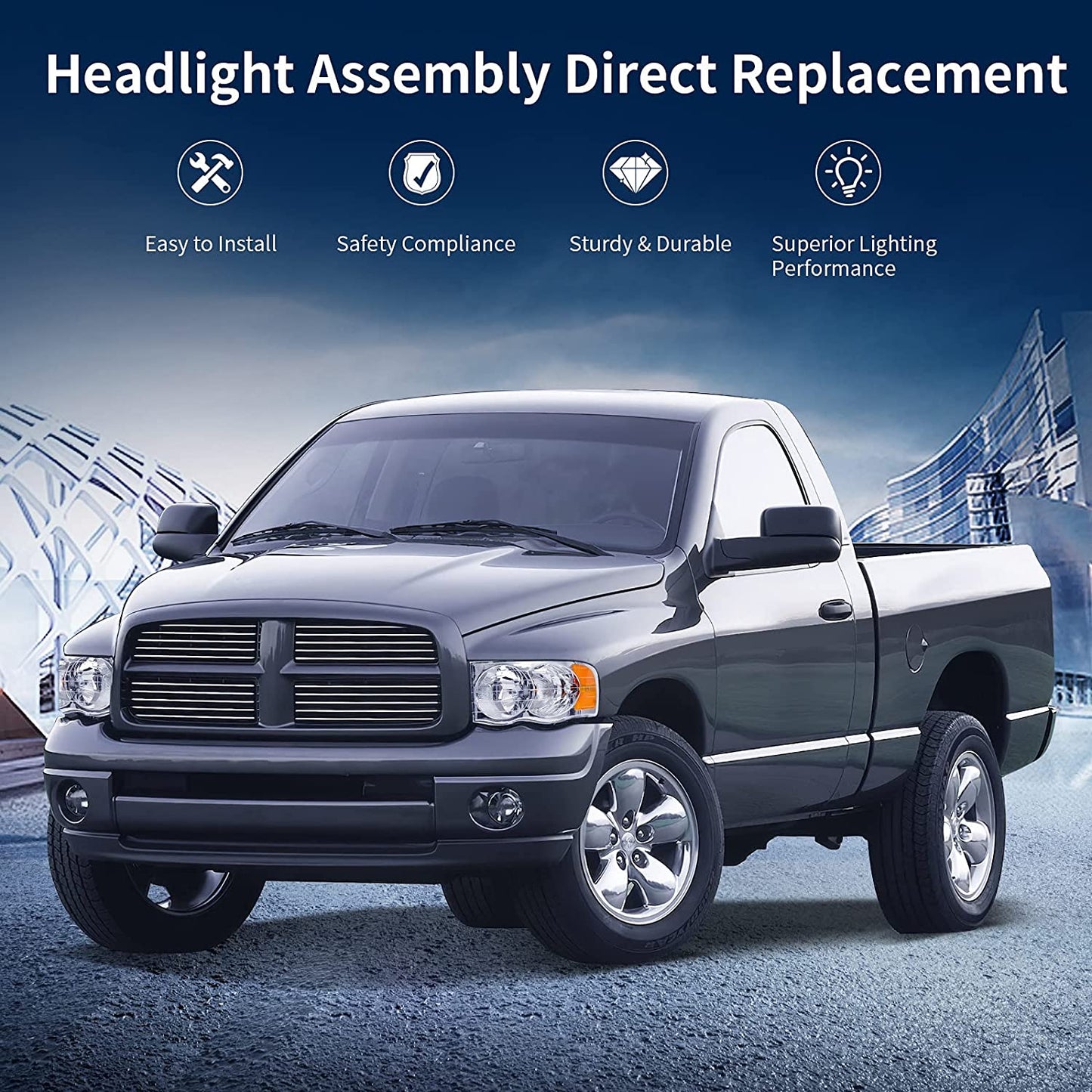 Headlights Assembly For 20022005 Dodge Ram Pickup Headlight Replacement Driving Light Chrome Housing Red Reflector Clear Lens