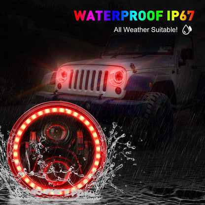 1997-2018 Jeep Wrangler 7 Inch RGB Halo Headlights And Fog Lights Bluetooth Color Control Dot Kits For 19972018 Jk Jku Tj Ljw Ring Drl Amber Turn Signal hi/lo Beam Multicolor