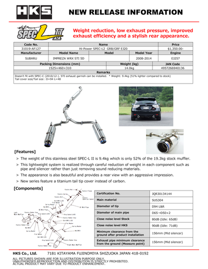 HKS Hi-Power Spec-L2 Grb/Grf Ej20 31019-Af127