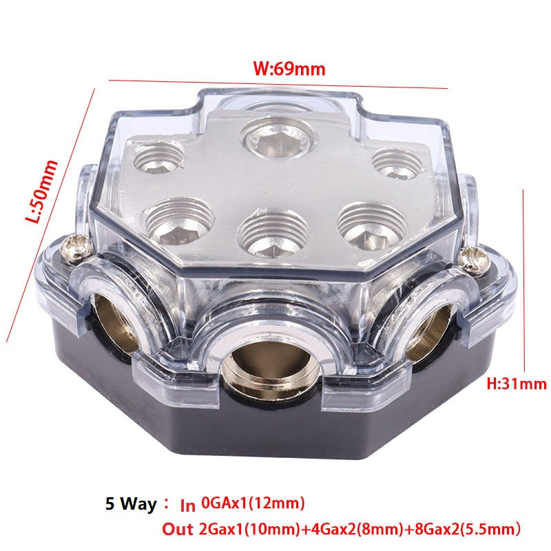 5 Way Power/Ground Distribution Block 0 AWG In, 2/4/8 AWG Out