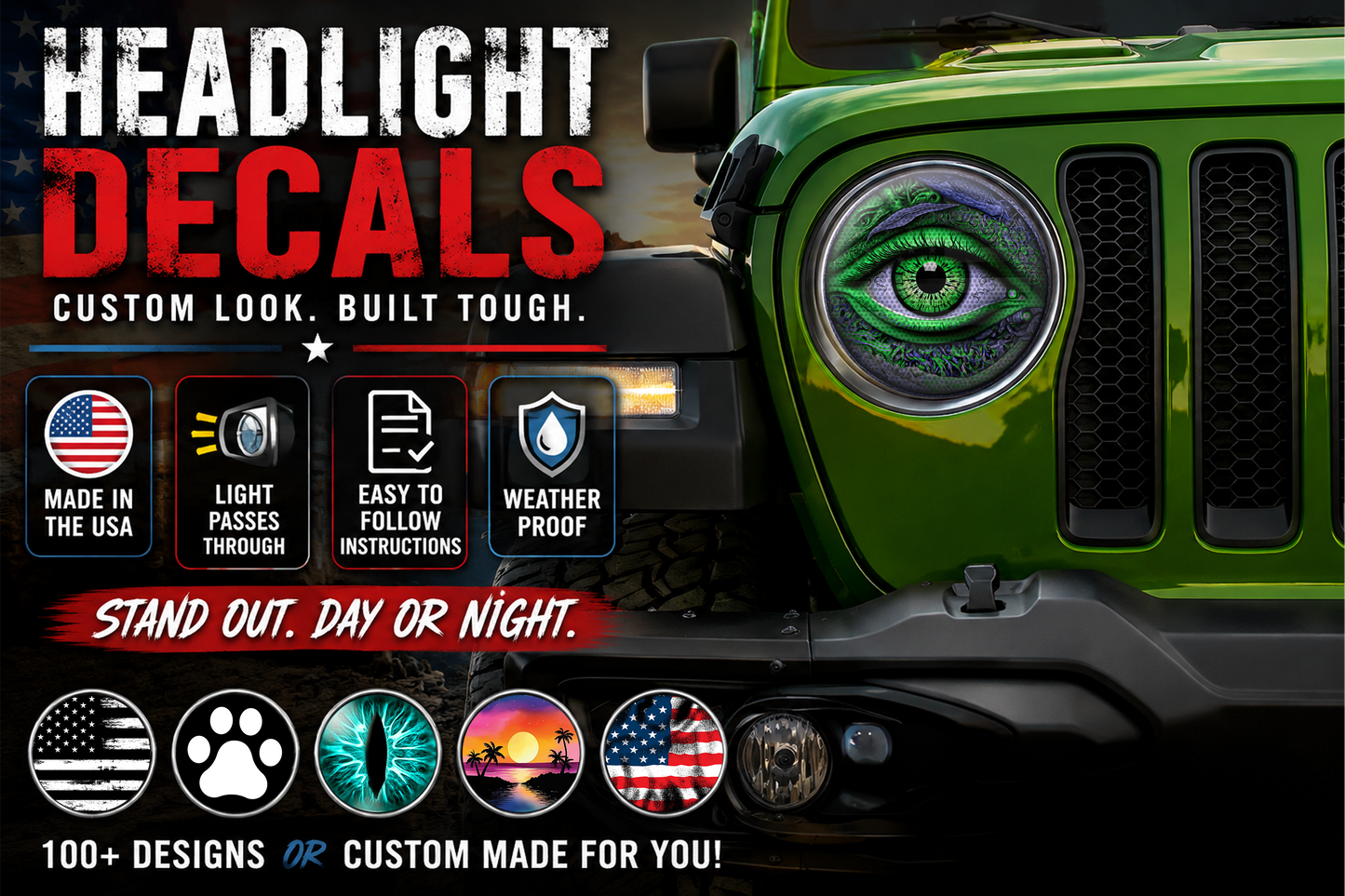 Real eye green headlight decals 86
